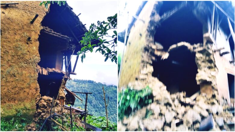 वर्षाका कारण घर भत्किएपछि एक परिवार विस्थापित