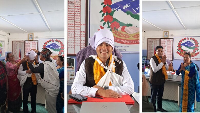 सिडिओ गुरुङलाई बुस्कुट, भ्याङ्ग्रा र फेटाले स्वागत